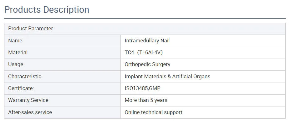 Orthopedic Implant Trauma Pure Titanium Surgical Bone Adult Medical Supply Product ISO CE Without Ethylene Oxide Sterilization Interlocking Intramedullary Nail